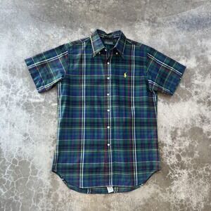 VTG 90's Womens Polo Ralph Lauren Shirt Green Blue Plaid Short sleeve